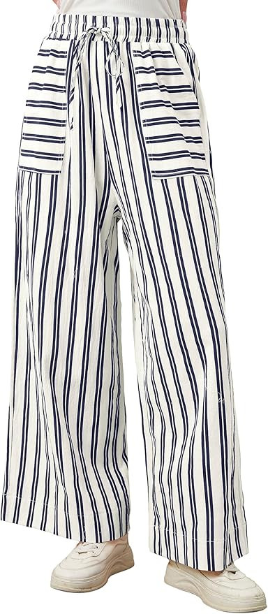 Striped Pants Women Wide Leg Lounge Pants Baggy Drawstring Loose Trousers Pajama Pants with Pocke... | Amazon (US)