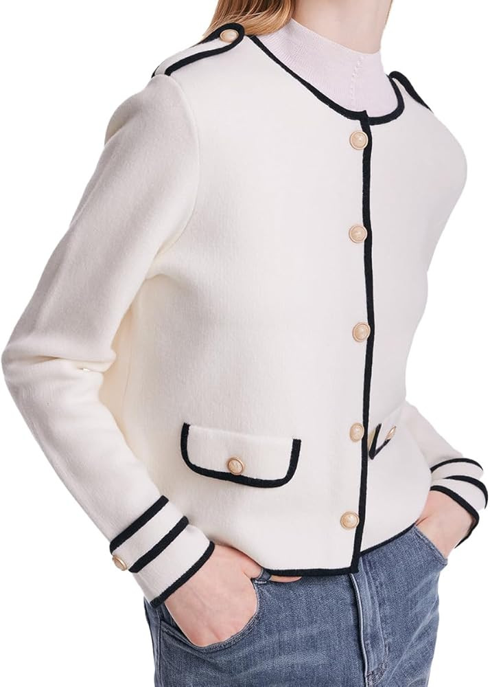 GOELIA Women's White Black Contrast 100% Wool Cardigan Sweater, Crewneck Button Up Knit Sweater B... | Amazon (UK)