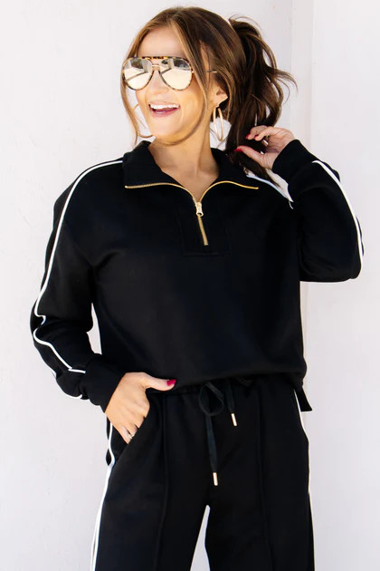 TWT Lux Collection Black Piping Half Zip Long Sleeve Top | The Willow Tree