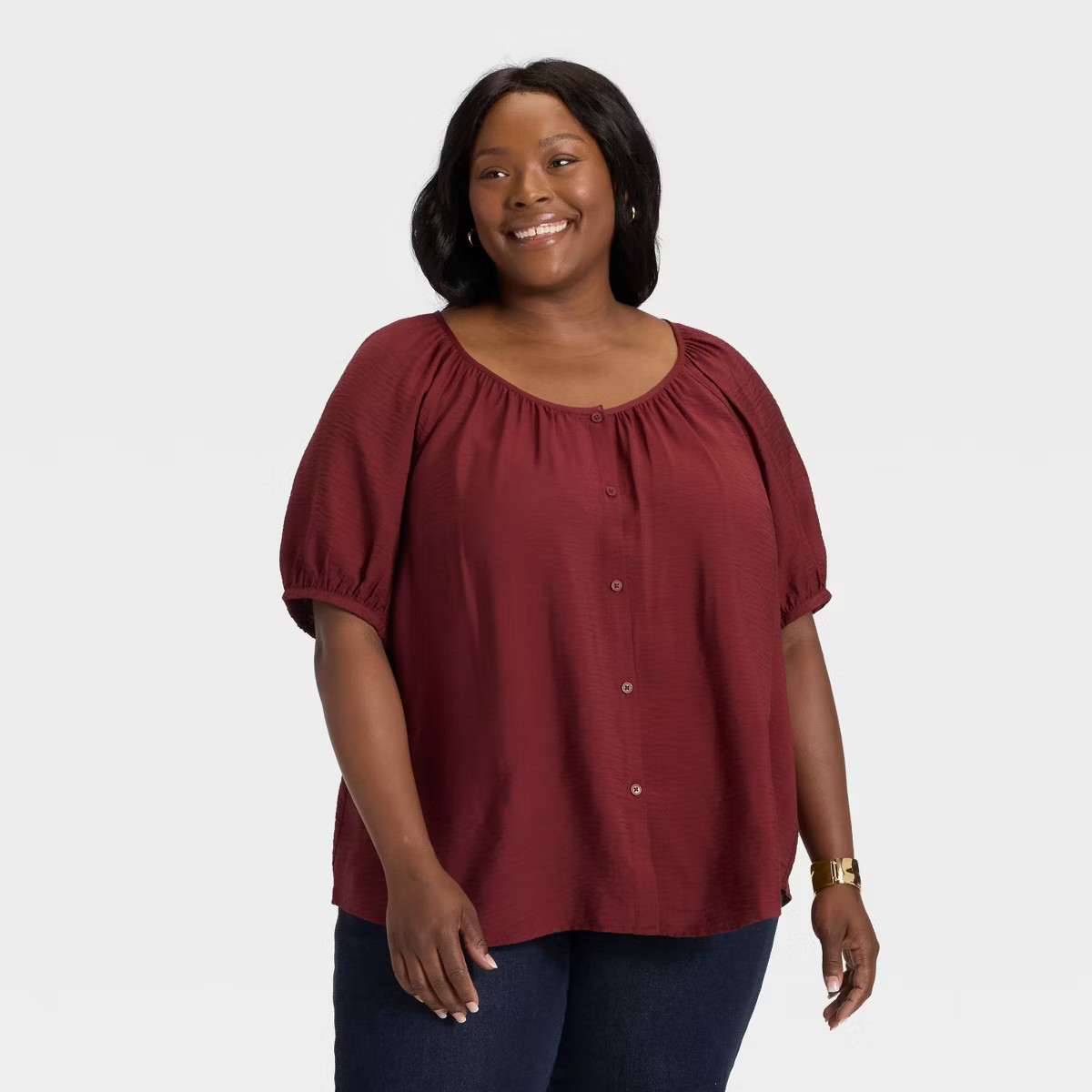 Women's Puff Elbow Sleeve Button-Front Top - Ava & Viv™ | Target