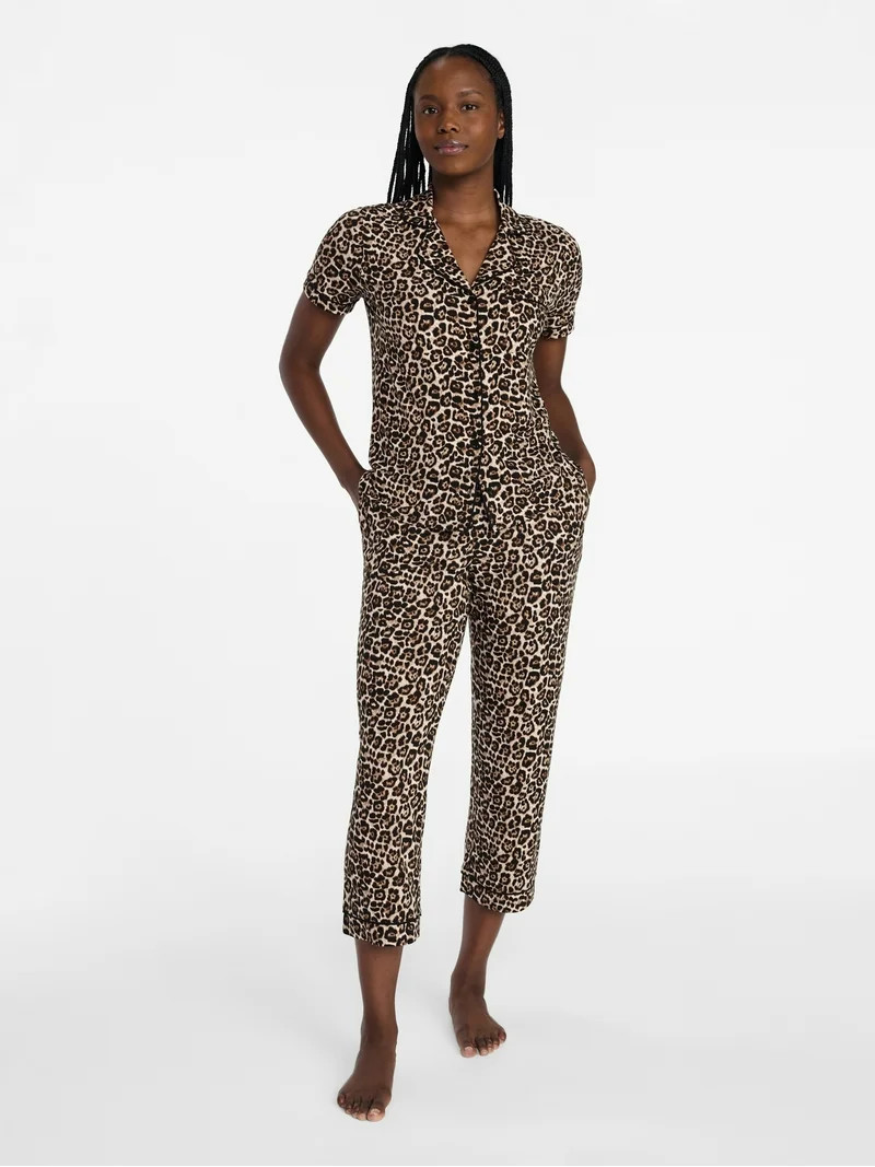 Joyspun Women's Dreamy Soft Collection Notch Knit Top and Capri Pants Pajama Set, 2-Piece, Sizes ... | Walmart (US)