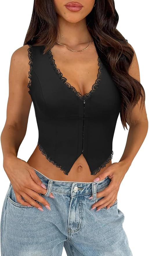 Sexy Lace Top for Women Summer V Neck Sleeveless Y2K Going Out Corset Tank Tops | Amazon (US)