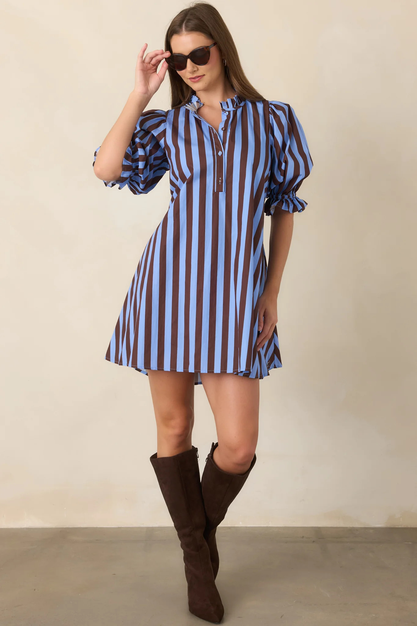 Here's the Plan Blue & Brown Stripe Cotton Mini Shift Dress | Red Dress