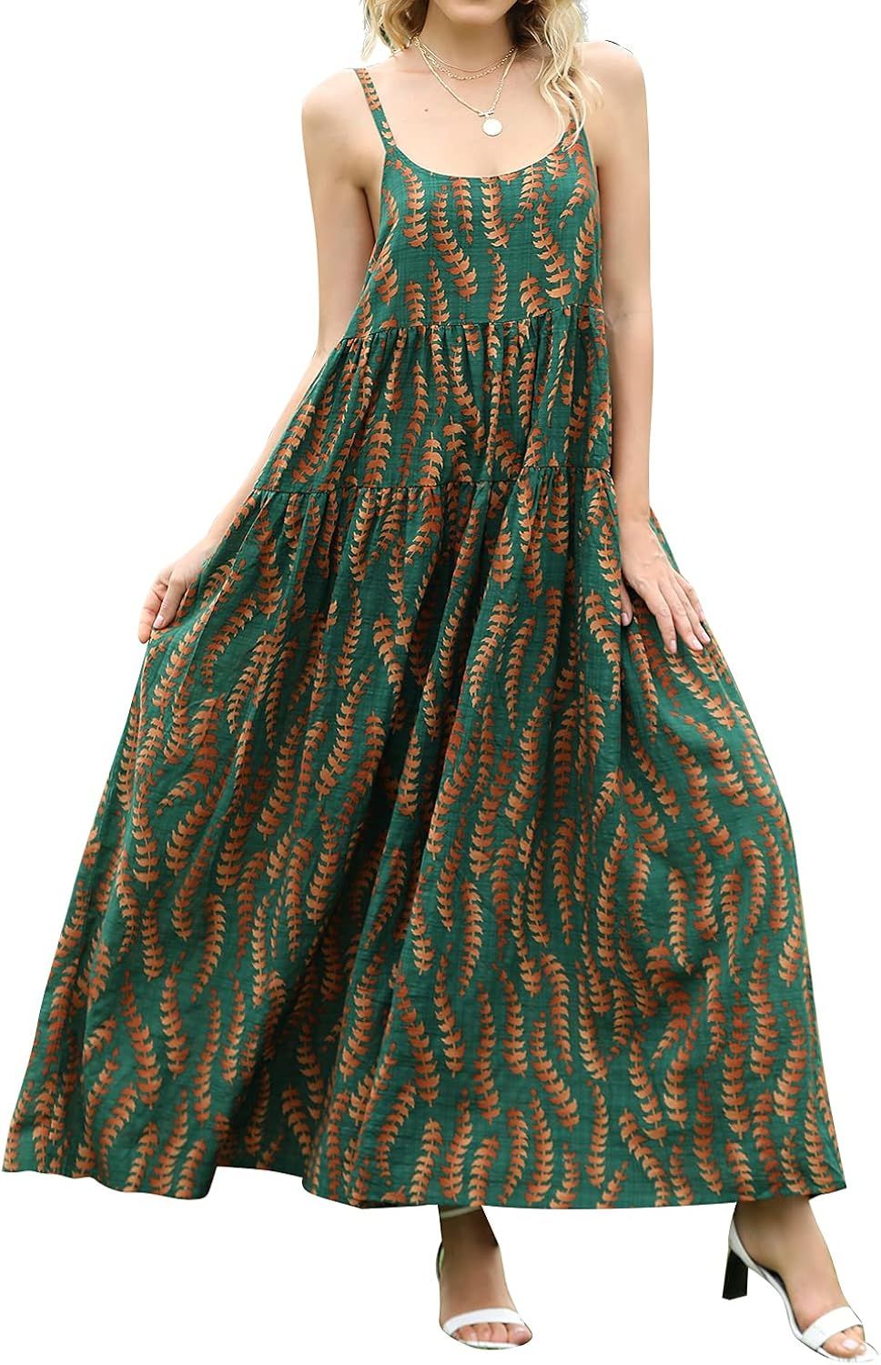YESNO Women Casual Loose Bohemian Floral Print Dresses Spaghetti Strap Long Summer Beach Swing Dr... | Amazon (US)