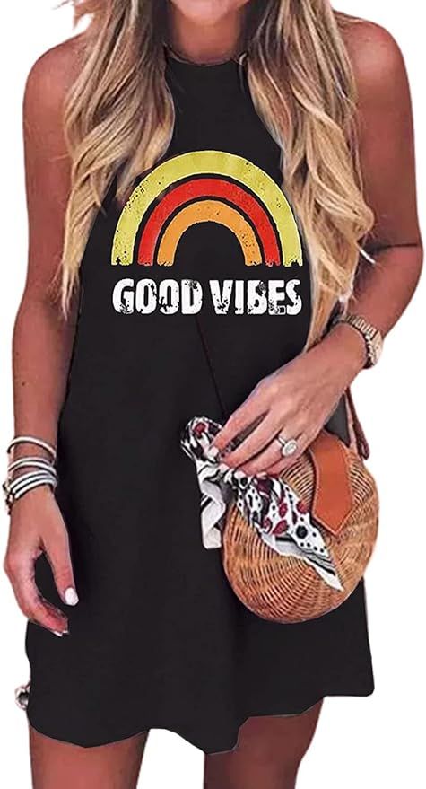 Good Vibes Tank Mini Dress Women Cute Rainbow Graphic Summer Dresses Sleeveless Casual Beach Vacatio | Amazon (US)