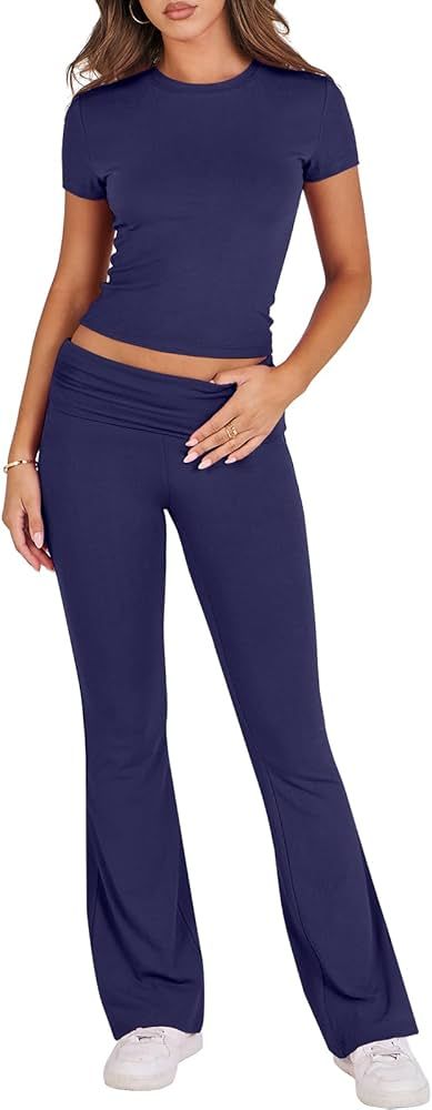 ANRABESS Women's 2 Piece Lounge Sets Fold-over Flare Pants Set Shorts Sleeve Y2K Cropped Top Casu... | Amazon (US)