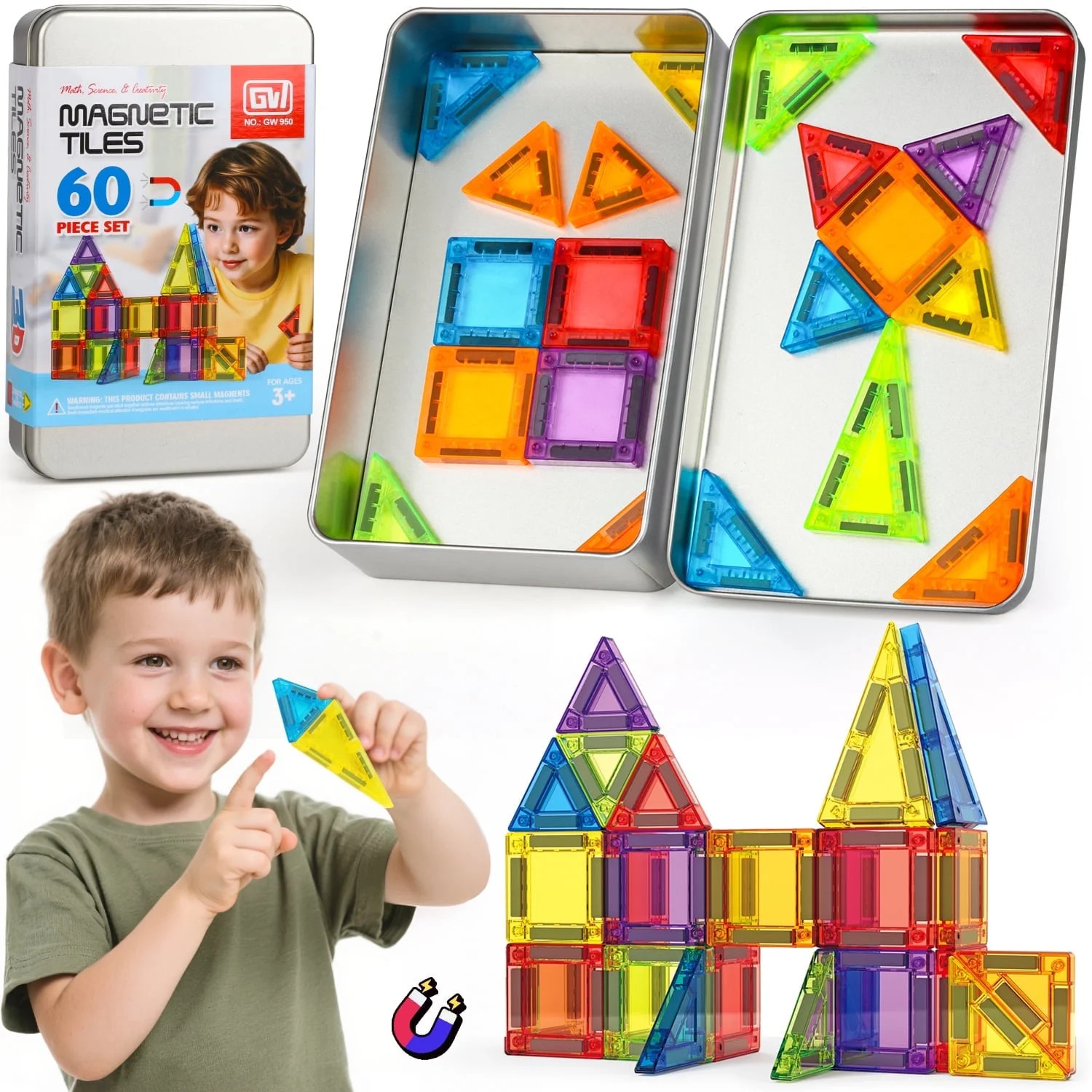HopeRock 60PCS Magnetic Tiles, STEM Educational Toys for Kids Ages 3 4 5 6 7 8 Years Old, Magneti... | Walmart (US)