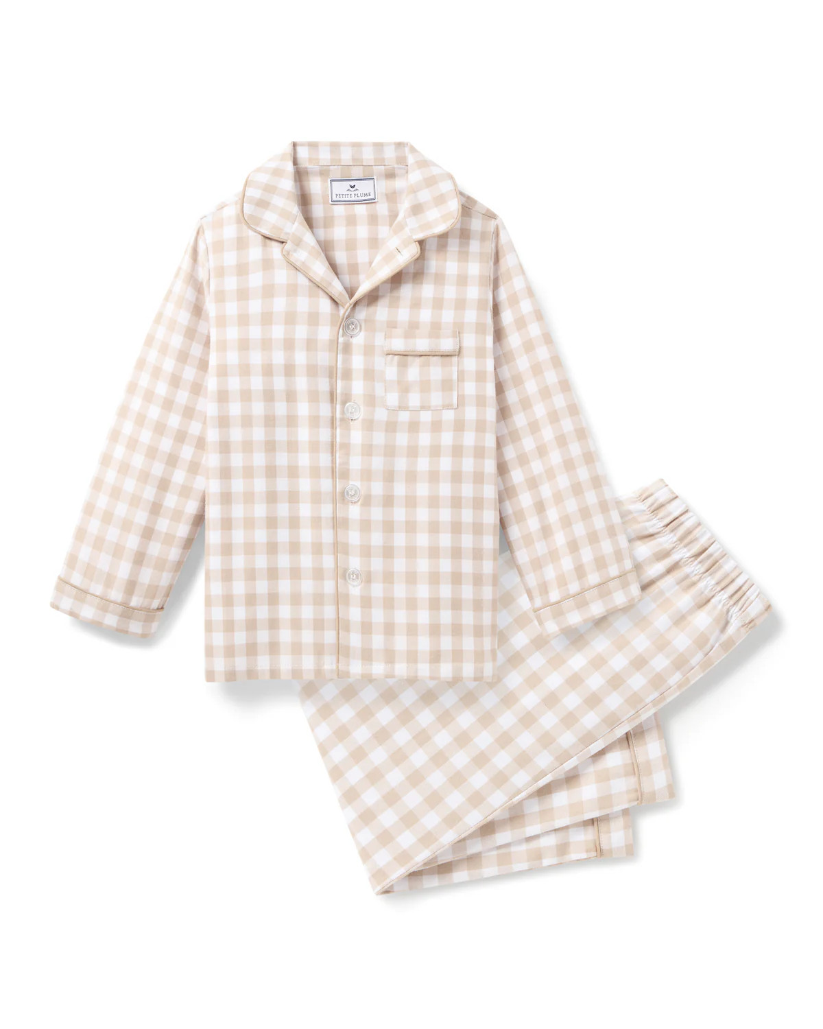 Kid's Twill Pajama Set in Camel Gingham | Petite Plume