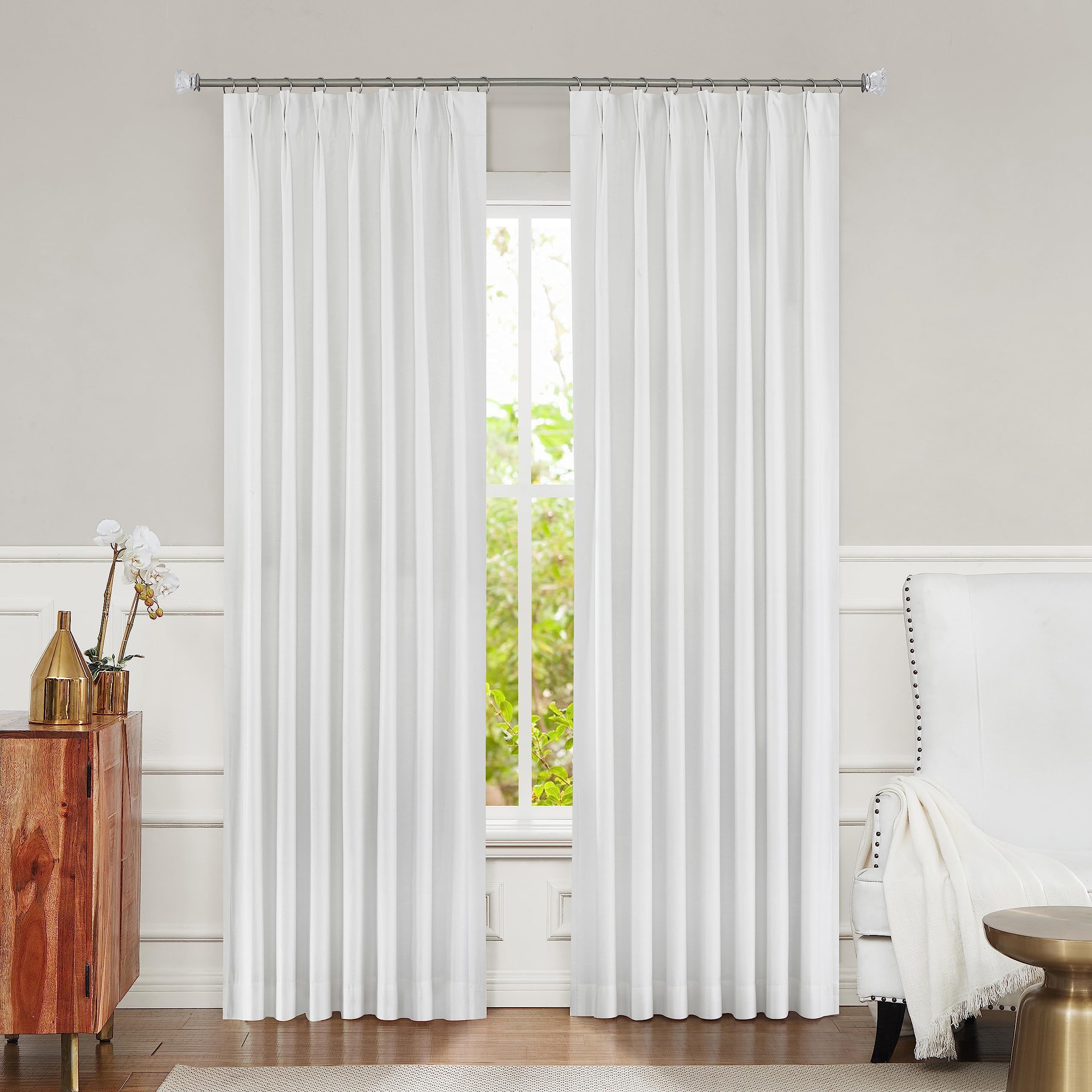 White Full Blackout Pinch Pleated Curtain 95 Inches Long for Bedroom Noise Reducing Window Treatment Thermal Insulated Backtab Drapes with 9 Hooks (Ring not Include), 40"x95"x2, Bright White | Amazon (US)