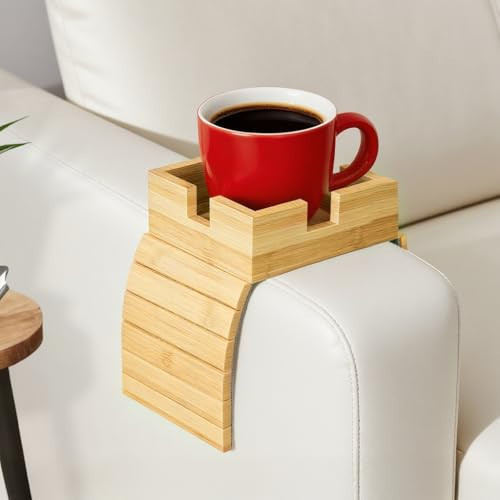 Bamboo Couch Cup Holder & Armrest Tray - Extend Your Comfort with a Secure Drink Slot and Snack Space for Recliner, Loveseat, or Sofa (Large) | Amazon (US)