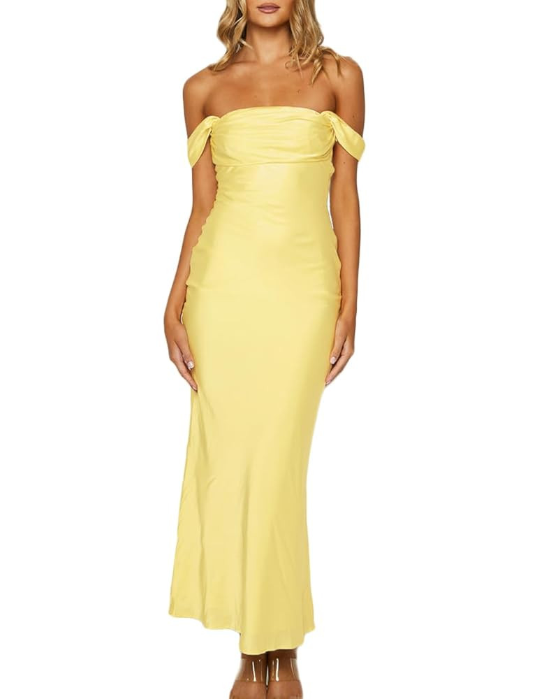 Realtix Elegant Satin Off The Shoulder Ruched Backless Maxi Dress for Women Strapless Tube Sleeve... | Amazon (US)