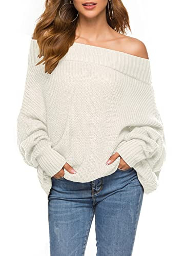 GOLDSTITCH Women's Off Shoulder Batwing Sleeve Loose Oversized Pullover Sweater Knit Jumper Ivory | Amazon (US)