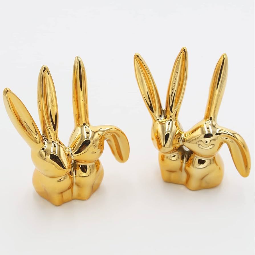 2 Pcs Ceramic Animal Bunny Figurines Ornaments, Gold Ceramic Rabbit Bunny Rings Holder Easter Hom... | Amazon (US)