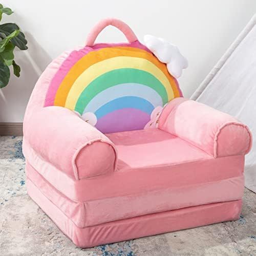HIGOGOGO Plush Foldable Kids Sofa, Cartoon Rainbow Children Couch Backrest Armchair Bed with Pocket  | Amazon (US)