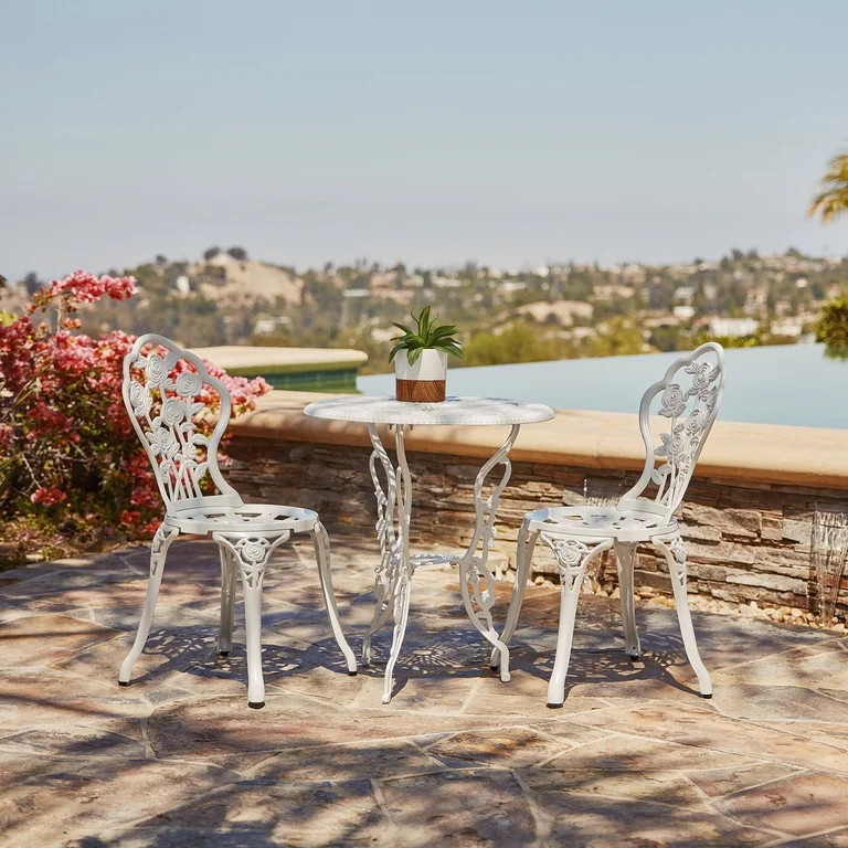 BELLEZE Bistro Outdoor 3 Piece Patio Set Rose Design Weather Resistant Round Table 2 Chairs White... | Walmart (US)