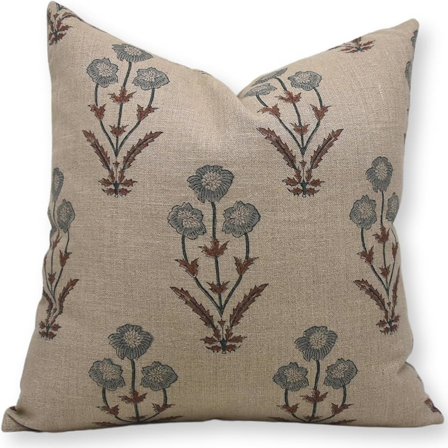 Handloom Block Floral Print Thick Linen 18x18 Inch Throw Pillowcase Cushion Cover Decorative for ... | Amazon (US)