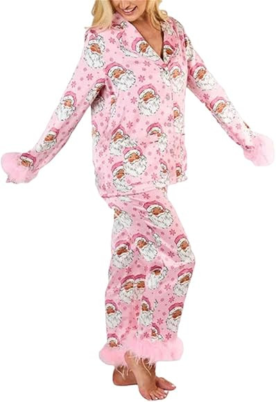 MAgill Kris Kringle Santa Pajamas, Women's Satin Santa Print Lounge Set Pajamas, Festival Party S... | Amazon (US)