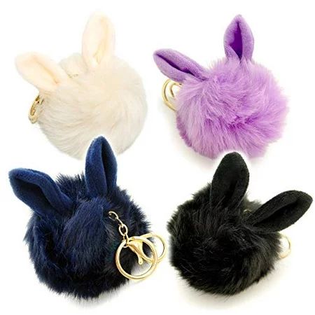 Faux Fur Fuzzy Pom Pom with Plush Easter Bunny Rabbit Ears Keychain 4 Pack Basket Stuffers | Walmart (US)
