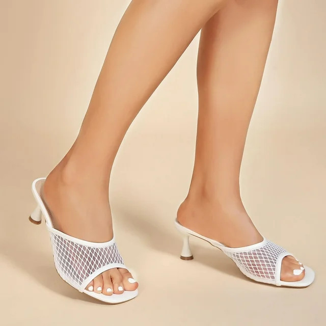 Pmoiste Low Heels for Women Mule Heeled Sandals Mesh Square Toe Sexy Female Summer Slide Shoes Wh... | Walmart (US)