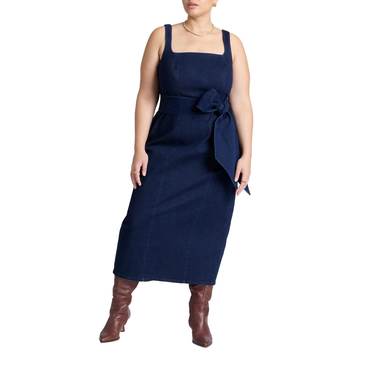 Eloquii Women's Tie Detail Denim Midi Dress - Dark wash | Macy's