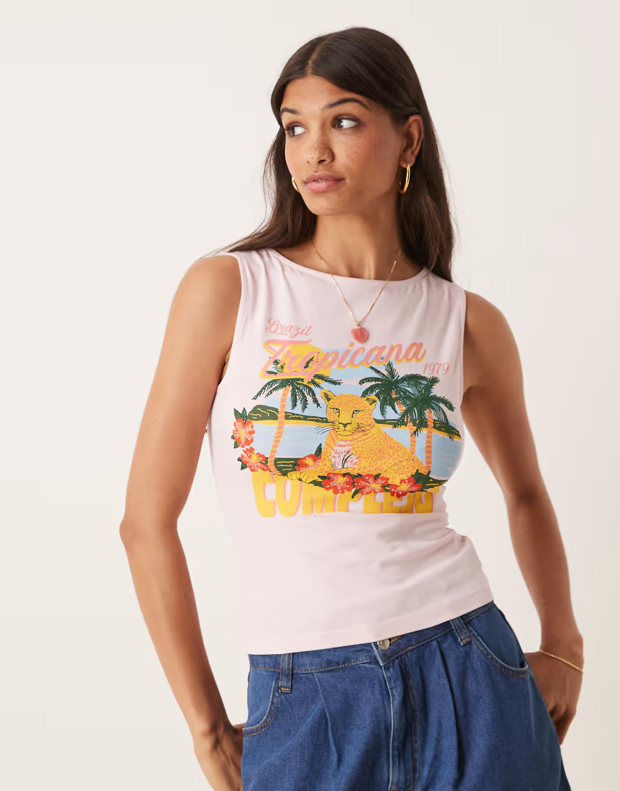 ASOS DESIGN boat neck vest with hotfix postcard graphic in pink | ASOS (Global)