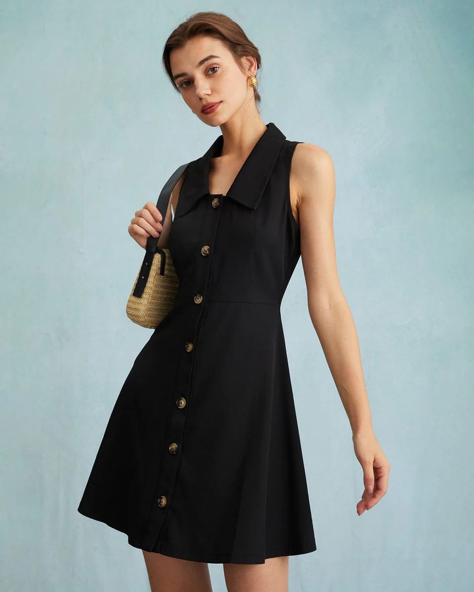 The Black Collared Sleeveless A Line Shirt Mini Dress - Black Collared Sleeveless Button Up Dress... | rihoas.com