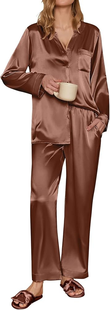 Ekouaer Satin Pajamas Set Women's Long Sleeve Sleepwear Classic Button Down Loungewear V-Neck Sil... | Amazon (US)