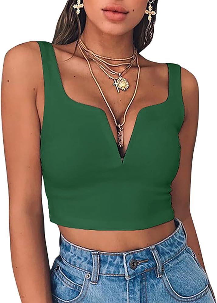 Susupeng Women Sexy Deep V Neck Sleeveless T Shirt Slim Crop Top Side Zip Casual Tank Tops | Amazon (US)