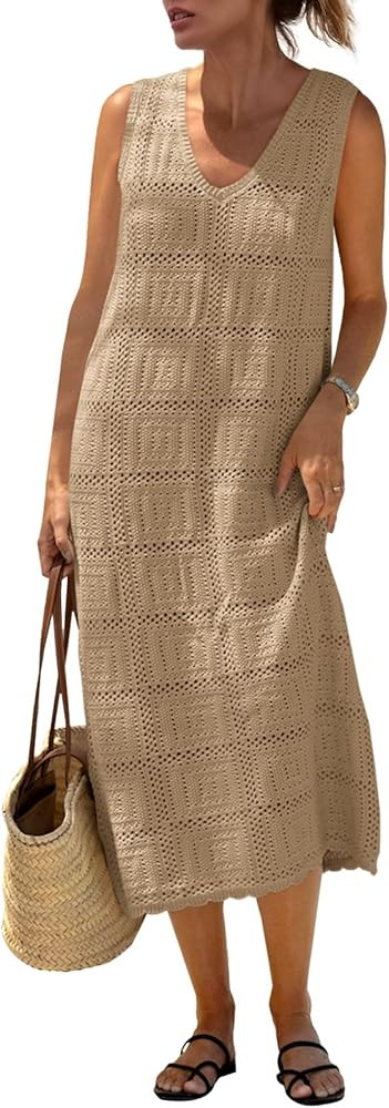 Fisoew Womens Crochet Sleeveless Dress Casual Summer V Neck Boho Knit Cover Up Beach Vacation Mid... | Amazon (US)