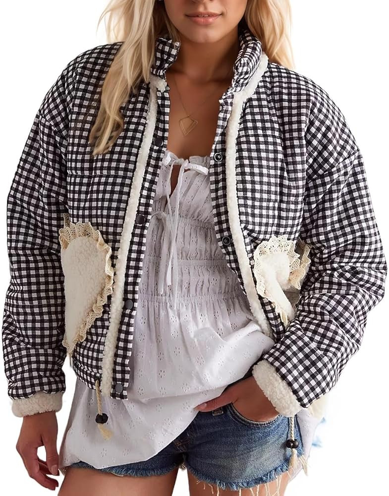 Womens Cropped Puffer Jacket Winter Gingham Plaid Button Down Long Sleeve Padded Coat with Heart ... | Amazon (US)