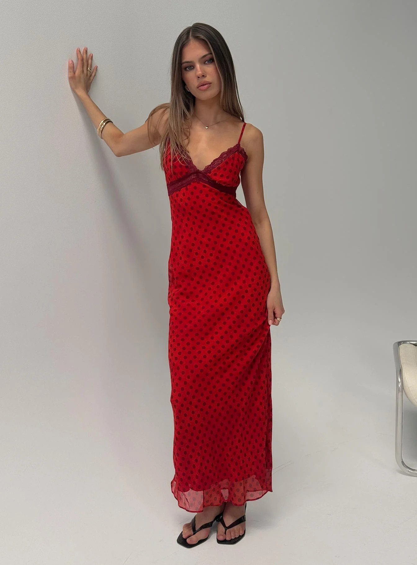 Adasia Lace V Neck Maxi Dress Red Polka Dot | Princess Polly AU