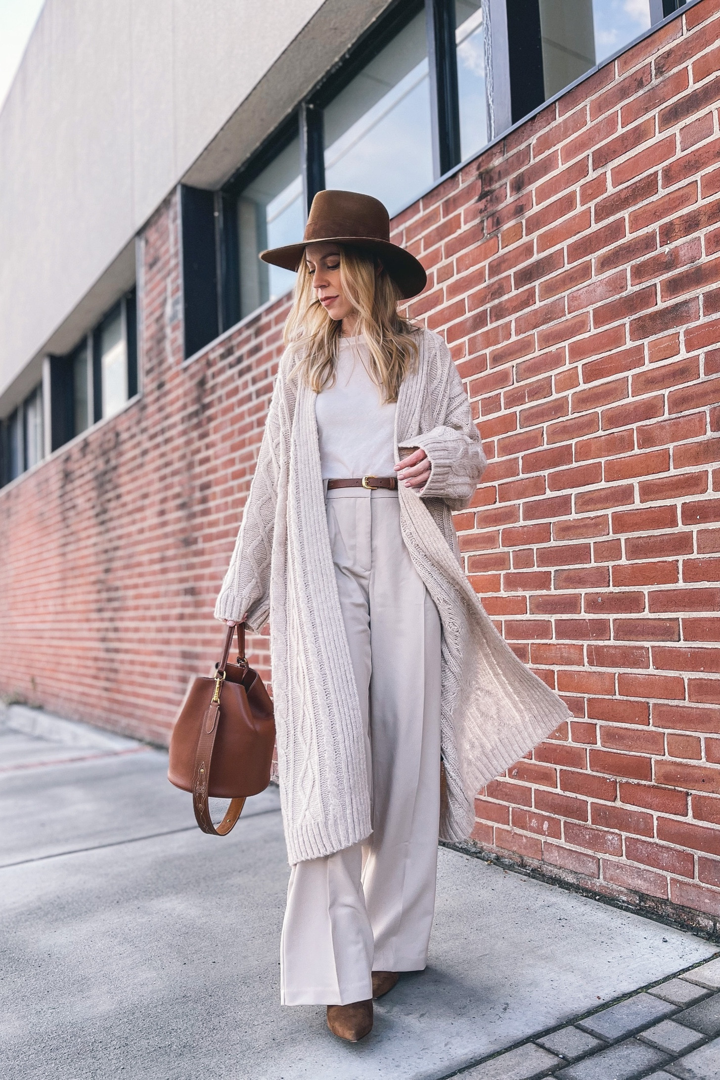 Neutral spring outfit, long cardigan, beige wide leg trousers, cream colored pants, Celine bucket bag

#LTKitbag #LTKstyletip #LTKunder50