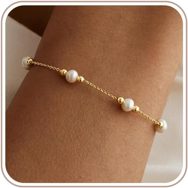 Amazon.com: Eaciy Pearl Bracelets for Women Trendy, 18K Gold Plated Pearl Bracelet Dainty Gold Pe... | Amazon (US)