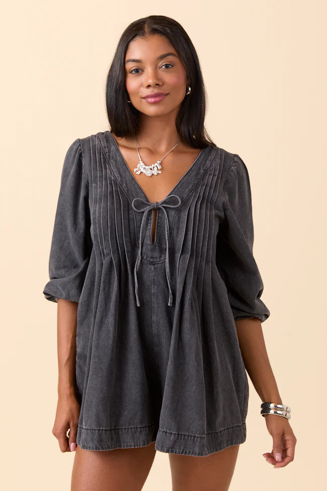 Eleanor Long Sleeve Charcoal Romper | Pink Lily