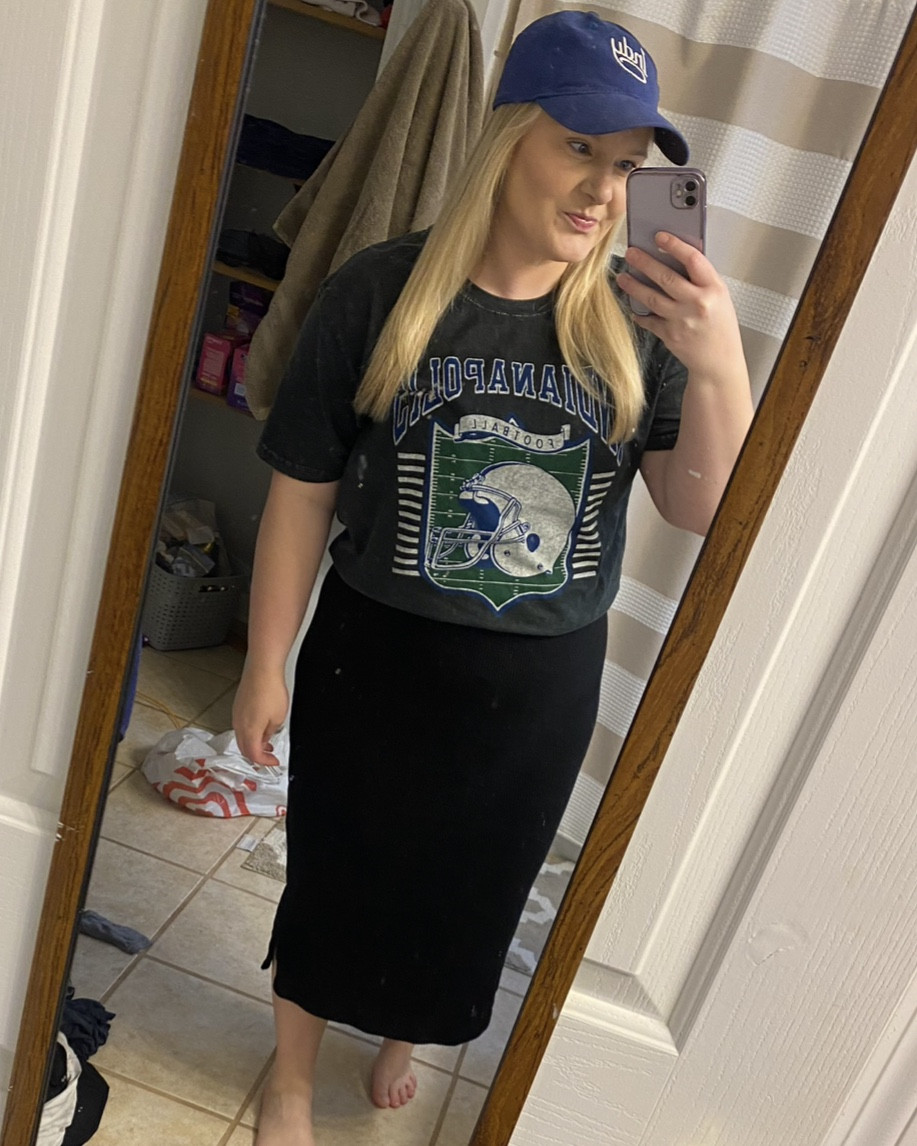 A sporty bump friendly outfit 🏈

Wearing normal size large in skirt (maternity) and sized up to a large in tshirt for bump. 

Skirt is discontinued. Similar is linked. 

Shirt and hat are from https://theshopindy.com/a/faq?gad_source=1&gclid=Cj0KCQjwgJyyBhCGARIsAK8LVLNqd9knkvXmqmpp2MIn7c_yUwUpaTyfYP-ko8-pFSIf3it4Acj-oyAaAgHIEALw_wcB

#LTKBump #LTKMidsize #LTKBaby