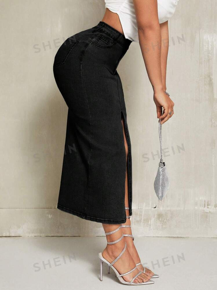 SHEIN SXY Women's Elegant Split Hem Pencil Denim Skirt | SHEIN