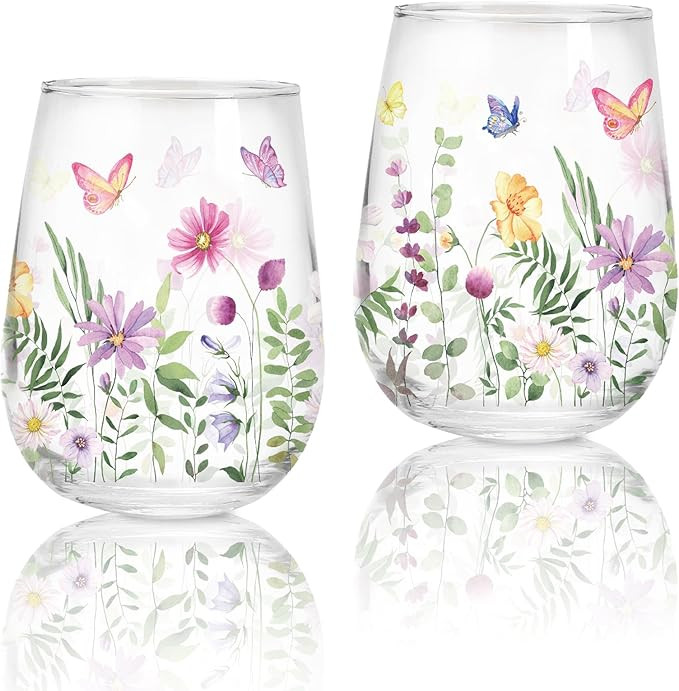 Whaline 2Pcs Spring Stemless Wine Glasses 17oz Watercolor Floral Butterfly Drinking Glasses Wild ... | Amazon (US)