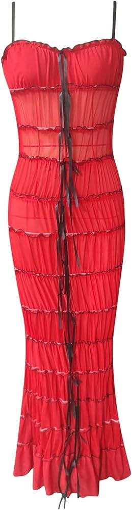 Women's Summer Scrunched Ruched Mesh Maxi Dress Sleeveless Ruffle Tunnel Long Strap Dress with Bo... | Amazon (US)