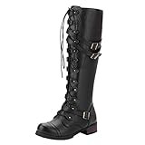Women Leather Knee Boots, Winter Lace-up Gothic Vintage Punk Buckle Military Combat High Boot Shoes  | Amazon (US)
