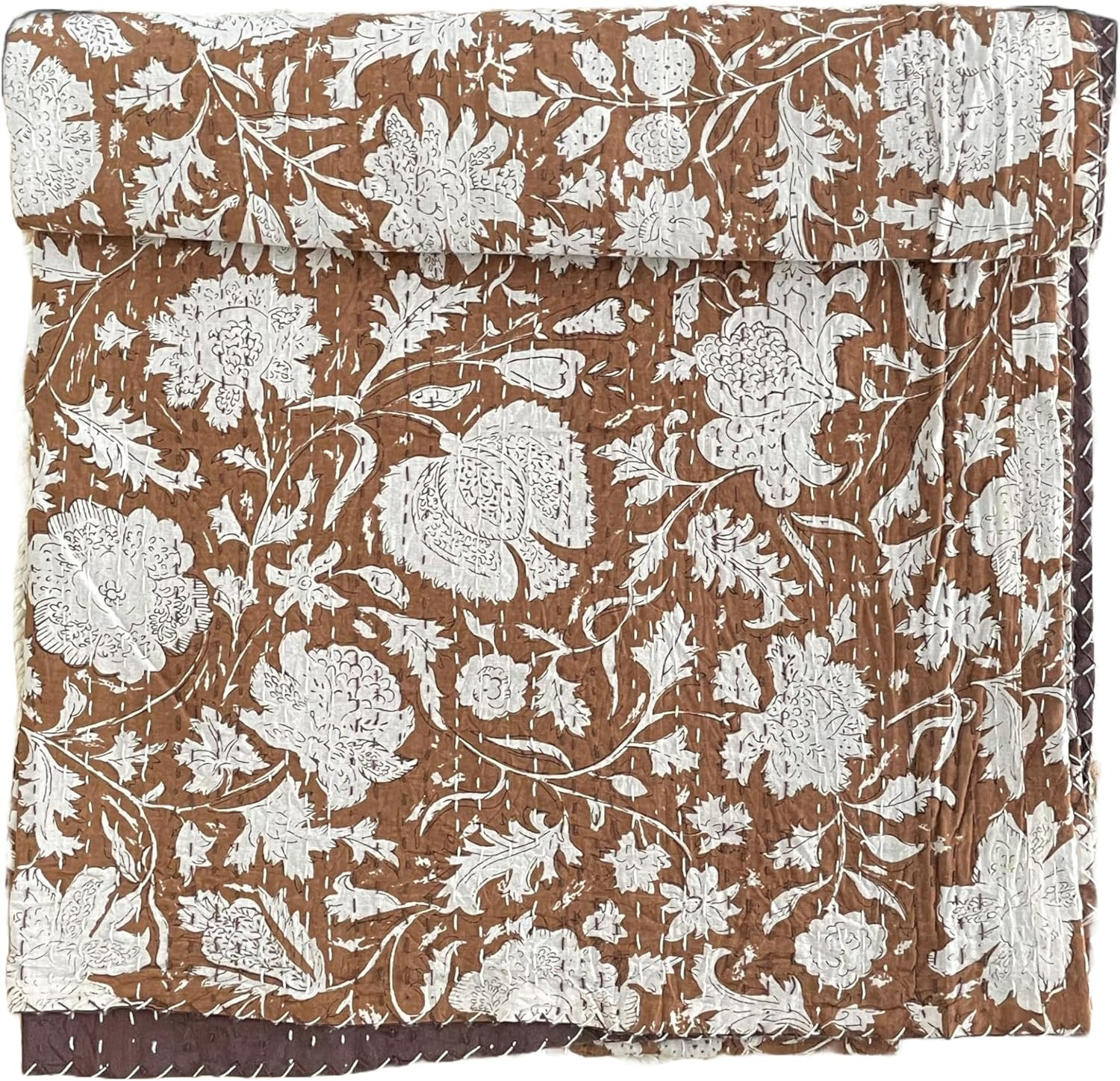 Hippie Floral Handblock Handmade Cotton Block Kantha Quilting Vintage Throw Blanket Hippie Queen/King Size Bohemian Bed Decor Quilt (Dark Brown, 90X108 Inch) | Amazon (US)