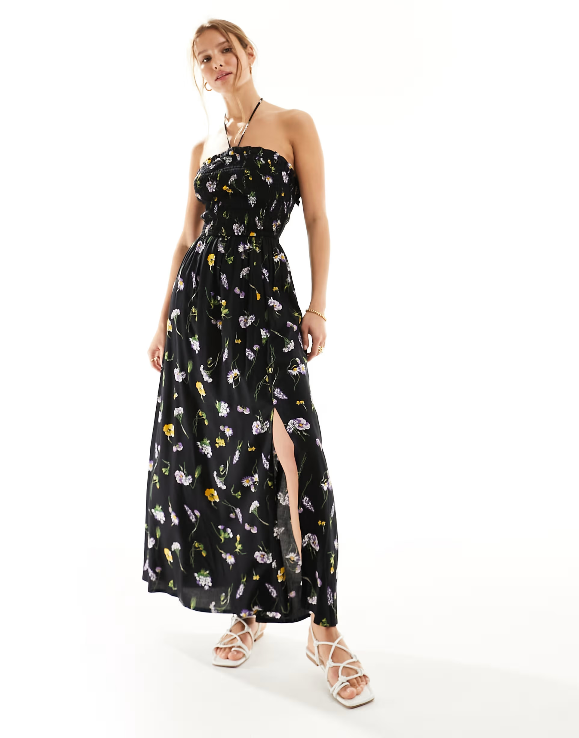 ASOS DESIGN shirred halter neck maxi dress in black floral | ASOS (Global)