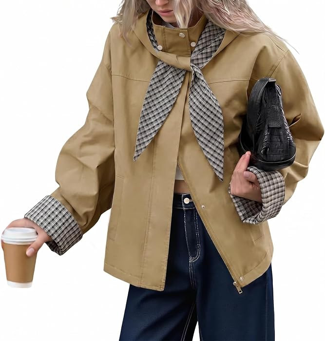 Tankaneo Womens Cropped Trench Coats Fall Jacket with Plaid Detachable Hood | Amazon (US)