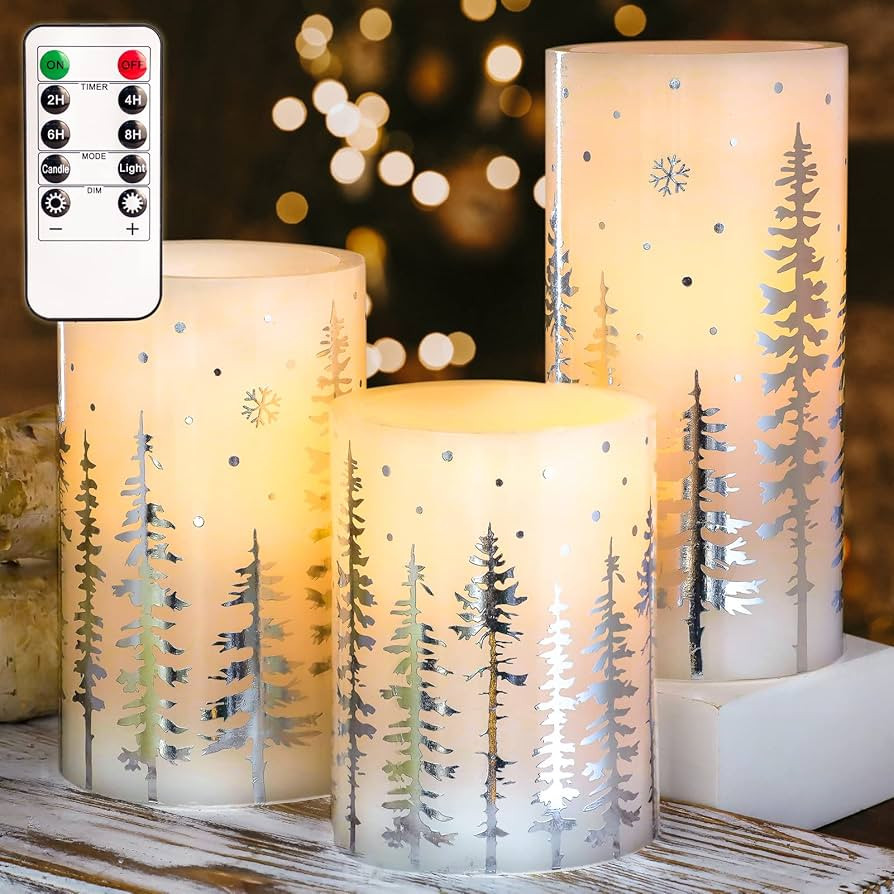 Christmas Flameless Candles, Battery Operated, Hot Stamping Silver Xmas Tree LED Flickering Candl... | Amazon (US)