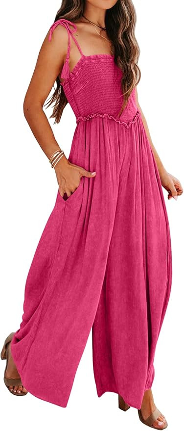 DEEP SELF Women's Summer Sleeveless Jumpsuits Spaghetti Strap Square Collar Smocked Wide Leg Jump... | Amazon (US)