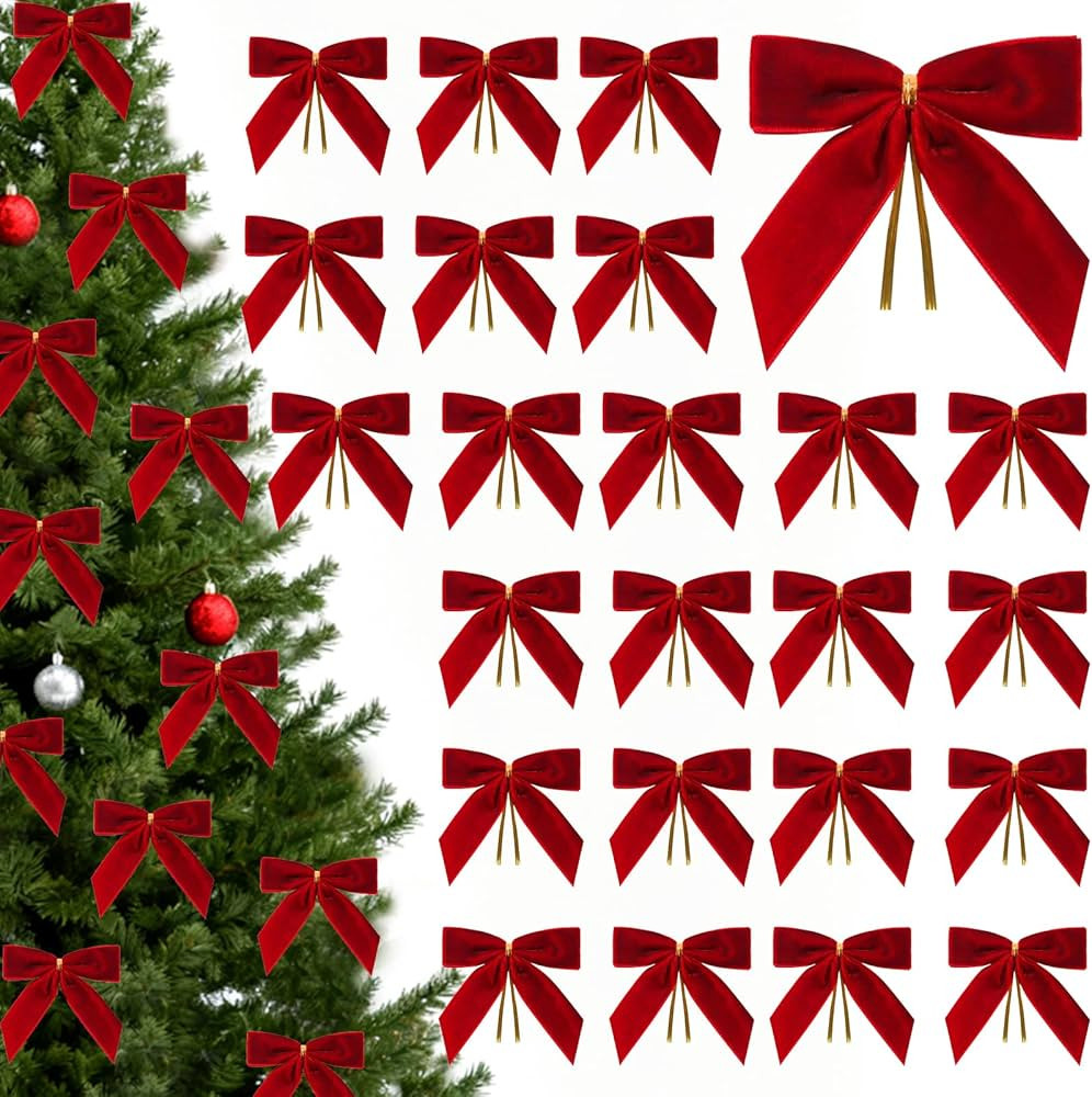 24 Pcs Red Small Velvet Bows for Christmas Tree, 3.54 Inch Mini Christmas Bows for Gift Wrapping,... | Amazon (US)