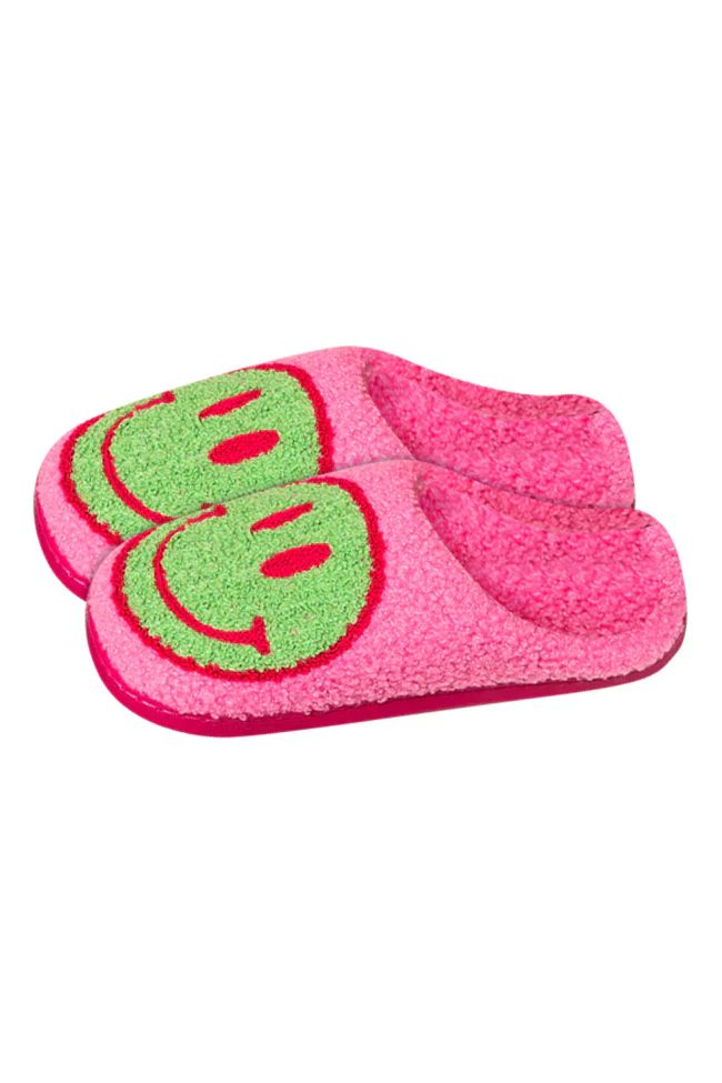 Kid's Neon Green And Hot Pink Smiley Slippers | Pink Lily