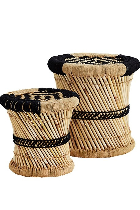 Petit tabouret BOHO bambou & corde bleu marine | Pretty Wire