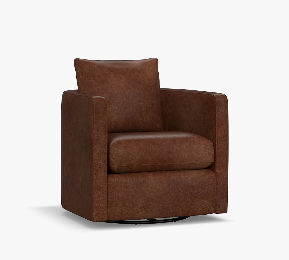 Ayden Barrel Leather Swivel Armchair, Polyester Wrapped Cushions, Statesville Caramel | Pottery Barn (US)