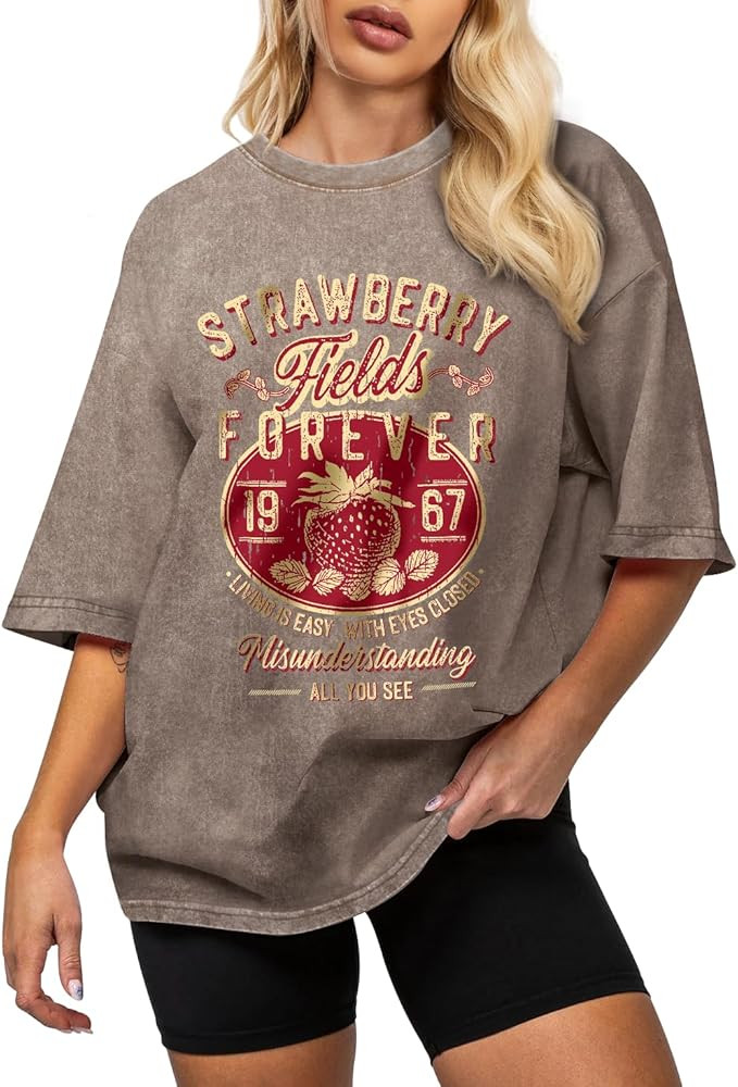 Flafens Oversized Acid Wash Vintage T Shirts for Women - Graphic Tees Womens Retro Cotton Cute Co... | Amazon (US)