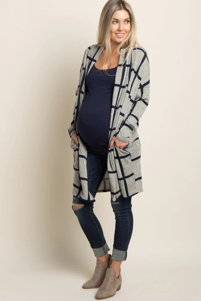 PinkBlush Grey Plaid Long Knit Maternity Cardigan | PinkBlush Maternity